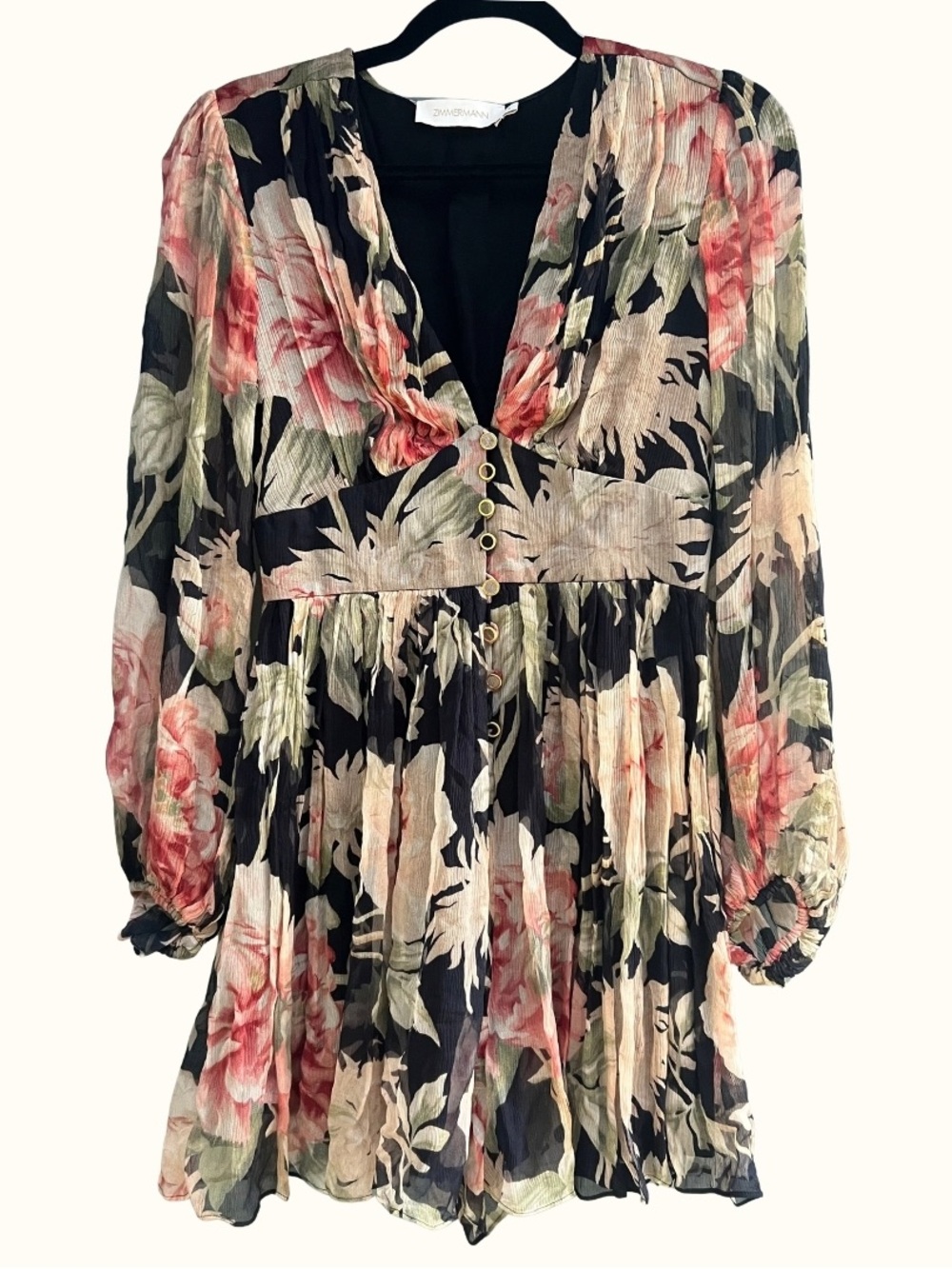 Zimmermann Black Floral Long-Sleeve V-Neck Smock Dress